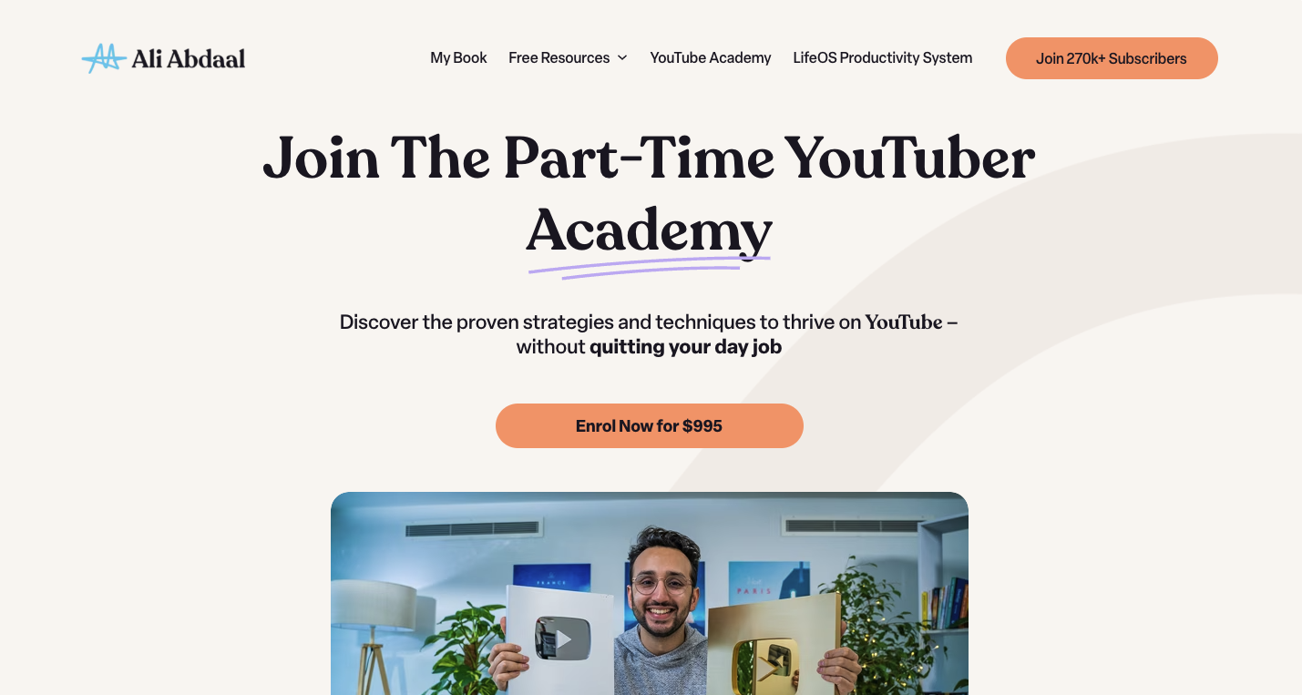 Ali Abdaal's page titled "Join the part-time Youtuber Academy"